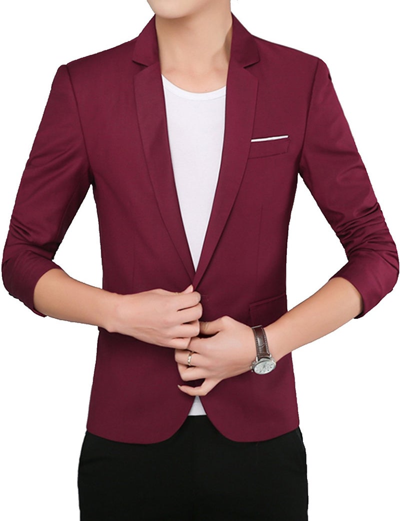 DAVID.ANN Men's Slim Fit One Button Casual Blazer Jacket,Wine Red,X-Large - Image 2